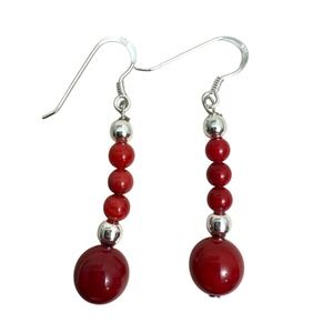 925 Sterling Silver Dangle Drop Earrings Red Graduated Bead Hook Pierce Jewelry